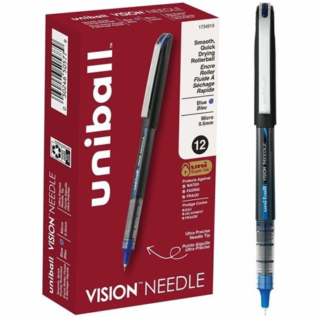 uniball Vision Needle Rollerball Pens - Micro Pen Point - 0.5 mm Pen Point Size - Blue Liquid Ink - 1 Dozen