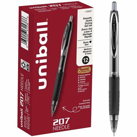 uniball 207 Needle Gel Pens - Medium Pen Point - 0.7 mm Pen Point Size - Needle Pen Point Style - Retractable - Black - Black Ba