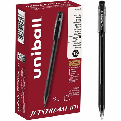 uni Jetstream 101 Ballpoint Pen - Medium Pen Point - 1 mm Pen Point Size - Black Gel-based Ink - Black Barrel - 1 Dozen