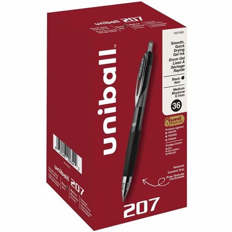uniball 207 Gel Pen - Medium Pen Point - 0.7 mm Pen Point Size - Refillable - Retractable - Black Pigment-based Ink - 36 / Pack