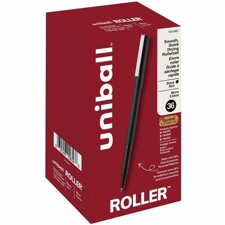 uniball Roller Rollerball Pen - Micro Pen Point - 0.5 mm Pen Point Size - Black Liquid Ink - Black Barrel - 36 / Pack