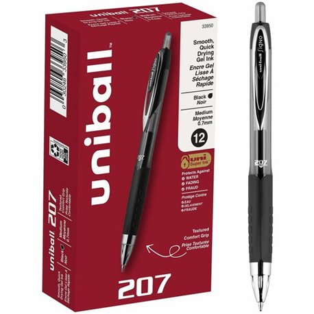 uniball 207 Gel Pen - Medium Pen Point - 0.7 mm Pen Point Size - Conical Pen Point Style - Refillable - Retractable - Black Pigm