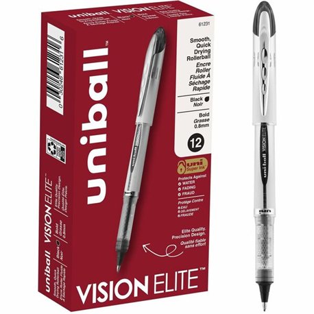 uniball Vision Elite Rollerball Pens - Bold Pen Point - 0.8 mm Pen Point Size - Refillable - Black Gel-based Ink - 1 Each