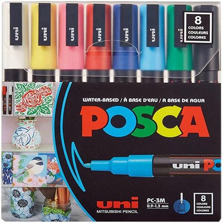 uni Posca PC-3M Paint Markers - Fine Marker Point - Green, Blue, Light Blue, Yellow, Red, Pink, White, Black Water Based, Pigmen