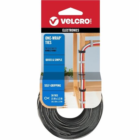 VELCRO One Wrap Thin Cable Ties - Cable Tie - Black, Gray - 30 - 25 lb Loop Tensile - 15" Length
