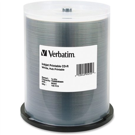 Verbatim 95252 CD Recordable Media - CD-R - 52x - 700 MB - 100 Pack Spindle - White - 120mm - Printable - Inkjet Printable - 133