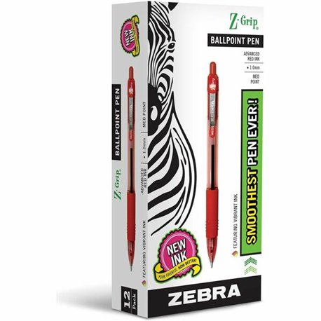 Zebra Z-Grip Retractable Ballpoint Pens - Medium Pen Point - 1 mm Pen Point Size - Retractable - Red - Clear, Red Barrel - 12 / 