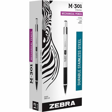 Zebra STEEL 3 Series M-301 Mechanical Pencil - 0.5 mm Lead Diameter - Refillable - Black Stainless Steel Barrel - 1 Dozen