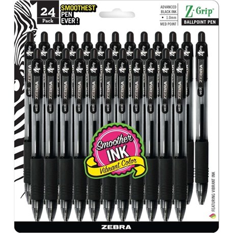 Zebra Z-Grip Retractable Ballpoint Pens - Medium Pen Point - 1 mm Pen Point Size - Retractable - Black - Clear Barrel - 24 / Pac