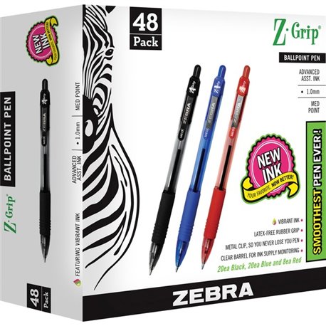 Zebra Pen Z-Grip Retractable Ballpoint Pens - Medium Pen Point - 1 mm Pen Point Size - Retractable - Assorted - Clear Plastic Ba