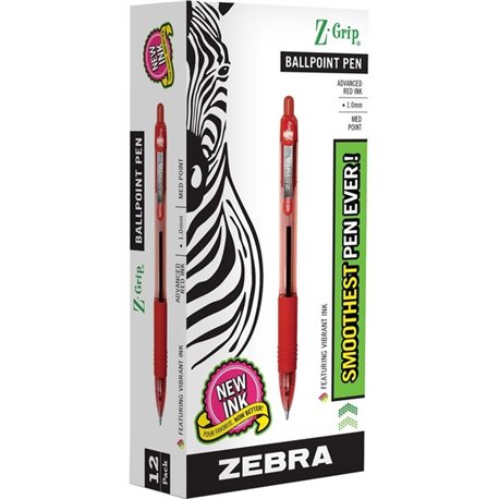 Zebra Z-Grip Retractable Ballpoint Pens - Medium Pen Point - 1 mm Pen Point Size - Retractable - Red - Clear, Red Barrel - 12 / 