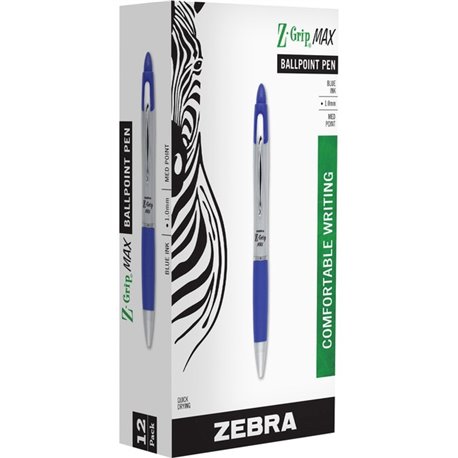 Zebra Z-grip Max Retractable Ballpoint Pens - Medium Pen Point - 1 mm Pen Point Size - Retractable - Blue - Gray Barrel - 1 Doze