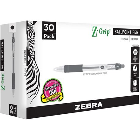 Zebra Pen Z-Grip Retractable Ballpoint Pens - 0.7 mm Pen Point Size - Retractable - Black - 30 / Pack