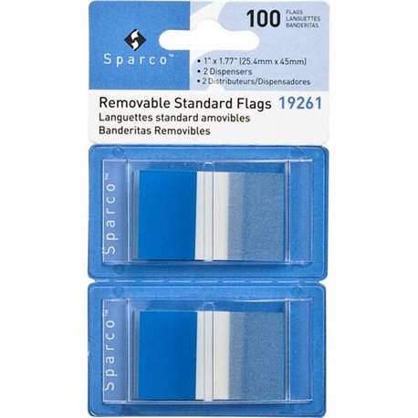 Sparco Removable Standard Flags in Dispenser - 100 x Blue - 1 3/4" x 1" - Rectangle - Blue - See-through, Self-adhesive, Removab