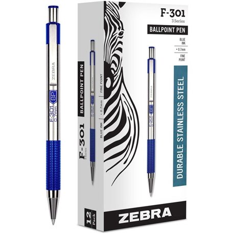 Zebra Pen F-301 Stainless Steel Ballpoint Pens - Fine Pen Point - 0.7 mm Pen Point Size - Refillable - Retractable - Blue - Stai