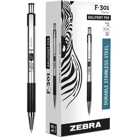 Zebra STEEL 3 Series F-301 Retractable Ballpoint Pen - Bold Pen Point - 1.6 mm Pen Point Size - Refillable - Retractable - Black