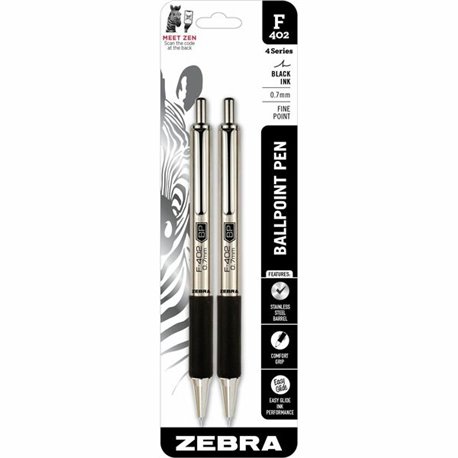 Zebra STEEL 4 Series F-402 Retractable Ballpoint Pen - Fine Pen Point - 0.7 mm Pen Point Size - Refillable - Retractable - Black