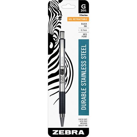 Zebra STEEL 3 Series G-301 Retractable Gel Pen - Medium Pen Point - 0.7 mm Pen Point Size - Refillable - Retractable - Black Gel