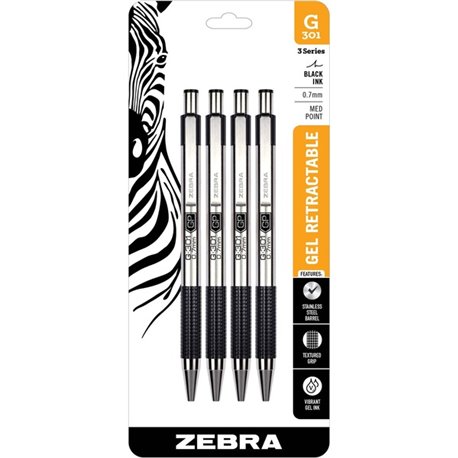 Zebra Pen STEEL 3 Series G-301 Retractable Gel Pen - 0.7 mm Pen Point Size - Refillable - Retractable - Black Gel-based Ink - Me