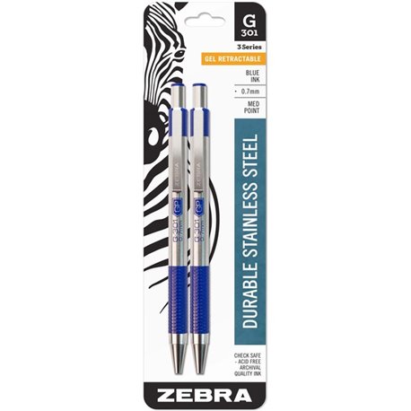 Zebra STEEL 3 Series G-301 Retractable Gel Pen - 0.7 mm Pen Point Size - Refillable - Retractable - Blue Gel-based Ink - Stainle