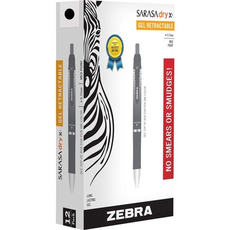 Zebra SARASA dry X1 Retractable Gel Pen - Retractable - Black Dry, Gel-based Ink - 1 Dozen