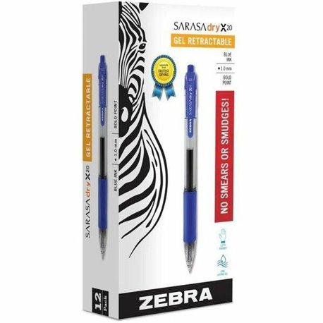 Zebra SARASA dry X20 Retractable Gel Pen - Bold Pen Point - 1 mm Pen Point Size - Refillable - Retractable - Blue - Transparent 