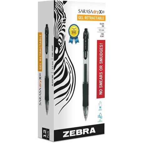 Zebra SARASA dry X20 Retractable Gel Pen - Fine Pen Point - 0.5 mm Pen Point Size - Retractable - Black Pigment-based Ink - Tran