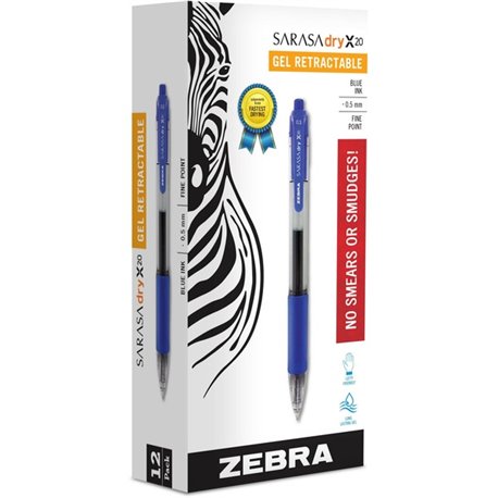 Zebra SARASA dry X20 Retractable Gel Pen - Fine Pen Point - 0.5 mm Pen Point Size - Refillable - Retractable - Blue Pigment-base