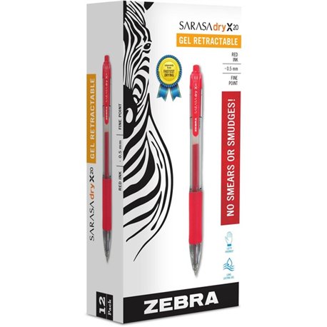 Zebra SARASA dry X20 Retractable Gel Pen - Fine Pen Point - 0.5 mm Pen Point Size - Retractable - Red Gel-based Ink - Transparen