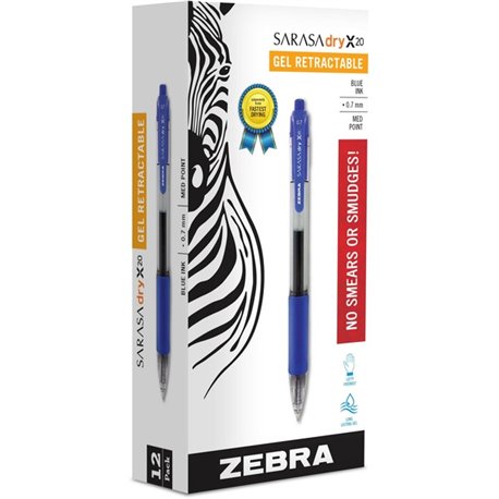 Zebra SARASA dry X20 Retractable Gel Pen - Medium Pen Point - 0.7 mm Pen Point Size - Refillable - Retractable - Blue Pigment-ba