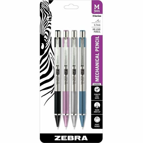 Zebra Pen STEEL 3 Mechanic Pencil - HB Lead - 0.7 mm Lead Diameter - Medium Point - Refillable - Black Stainless Steel, Pink, Si