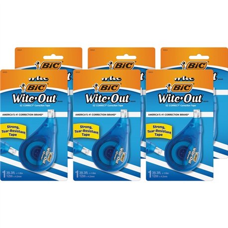 BIC EZ Correct Correction Tape - 0.20" Width x 39.40 ft Length - 1 Line(s) - White Tape - Ergonomic White Dispenser - Tear Resis