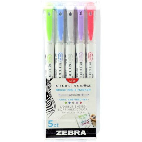 Zebra Pen Mildliner Brush Double-ended Creative Marker Cool and Refined Pack - Fine Marker Point - Brush Marker Point Style - Gr