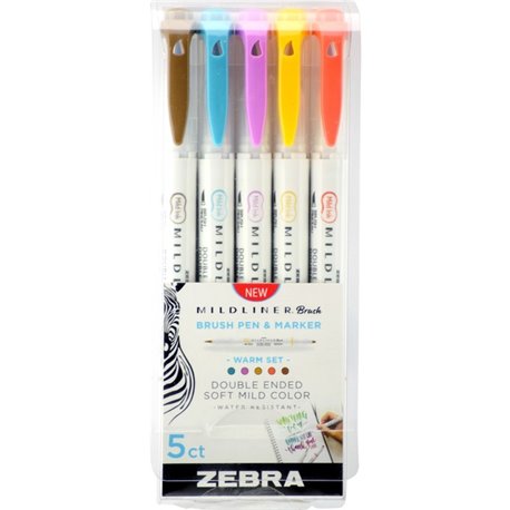 Zebra Pen Mildliner Brush Double-ended Creative Marker Warm Color Pack - Fine Marker Point - Brush Marker Point Style - Gold Pig