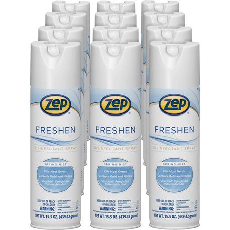 Zep Freshen Disinfectant Spray - 15.5 fl oz (0.5 quart) - Spring Mist Scent - 12 / Carton - Non-porous, Virucidal, Tuberculocide