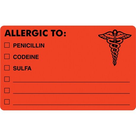 Tabbies ALLERGIC TO Medical Allergy Label - 4" Width x 2" Length - Permanent Adhesive - Rectangle - Fluorescent Red - 100 / Roll