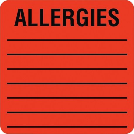 Tabbies Square ALLERGIES Labels - 2" Width x 2" Length - Permanent Adhesive - Square - Fluorescent Red - 500 / Roll - 500 / Roll