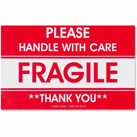 Tatco Fragile/Handle With Care Shipping Label - "Fragile - Handle with Care, Thank You" - 3" Width x 5" Length - Rectangle - Red