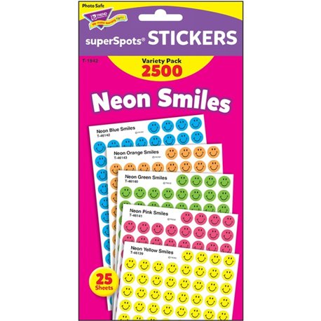 Trend superSpots Neon Smiles Stickers Variety Pack - 2500 x Smilies Shape - Acid-free, Non-toxic - Neon Green, Neon Yellow, Neon