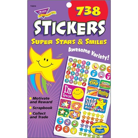 Trend Super Stars/Smiles Sticker Pad - Star, Smilies Shape - Acid-free, Non-toxic - 738 / Each