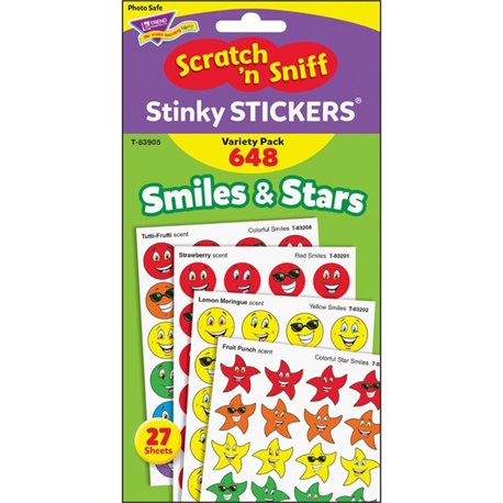 Trend Stinky Stickers Jumbo Variety Pack - Smiles & Stars Shape - Self-adhesive - Acid-free, Non-toxic, Photo-safe, Scented - As