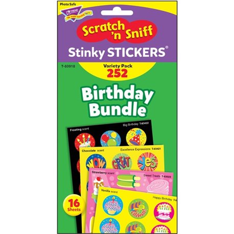 Trend Birthday Scratch 'n Sniff Stinky Stickers - Birthday Theme/Subject - Happy Birthday, Big Birthday, Sweet Treats, Excellenc