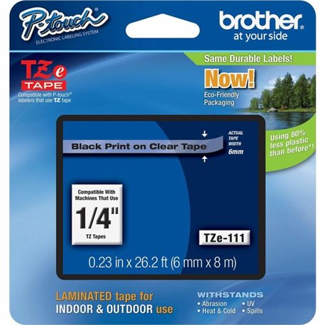 Brother P-touch TZe Laminated Tape Cartridges - 15/64" Width - Rectangle - Clear, Black - 1 Each - Water Resistant - Grease Resi