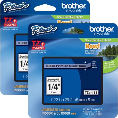 Brother P-touch TZe Laminated Tape Cartridges - 15/64" Width - Rectangle - Clear, Black - 2 / Bundle - Water Resistant - Grease 