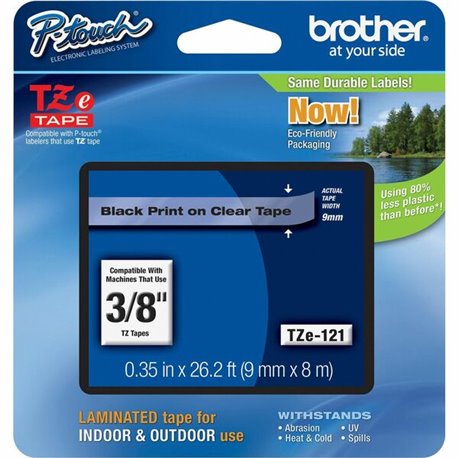 Brother P-touch TZe Laminated Tape Cartridges - 3/8" Width - Rectangle - Clear - 1 Each - Water Resistant - Grease Resistant, Gr