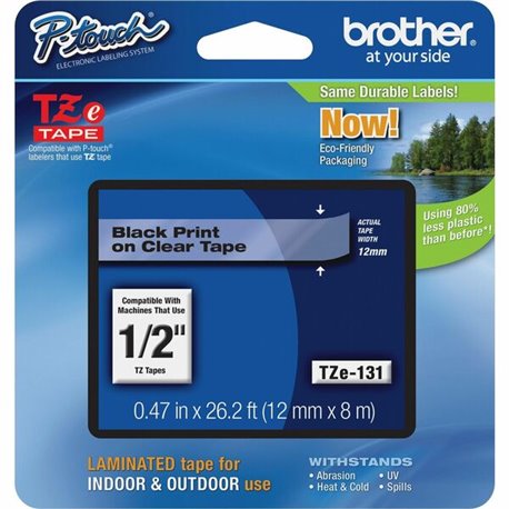 Brother P-touch TZe Laminated Tape Cartridges - 1/2" Width - Black, Clear - 1 Each - Water Resistant - Grease Resistant, Grime R