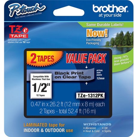 Brother 1/2" Black/Clear Laminated TZe Tape Value Pack - 1/2" Width - Black, Clear - 2 / Pack - Water Resistant - Grease Resista