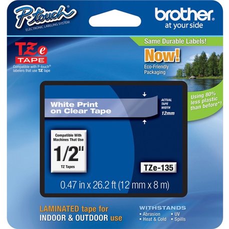 Brother P-touch TZe Laminated Tape Cartridges - 1/2" Width - White, Clear - 1 Each - Water Resistant - Grease Resistant, Grime R