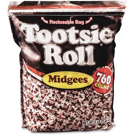 Tootsie Roll Midgees Candy - Assorted - Individually Wrapped, Resealable Container - 5 lb - 1 Bag - 760 Per Bag