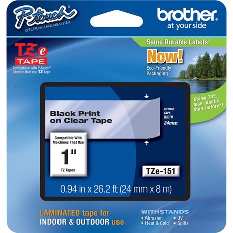 Brother P-Touch TZe Laminated Tape - 1" Width x 26 1/5 ft Length - Rectangle - Thermal Transfer - Clear - 1 Each - Water Resista